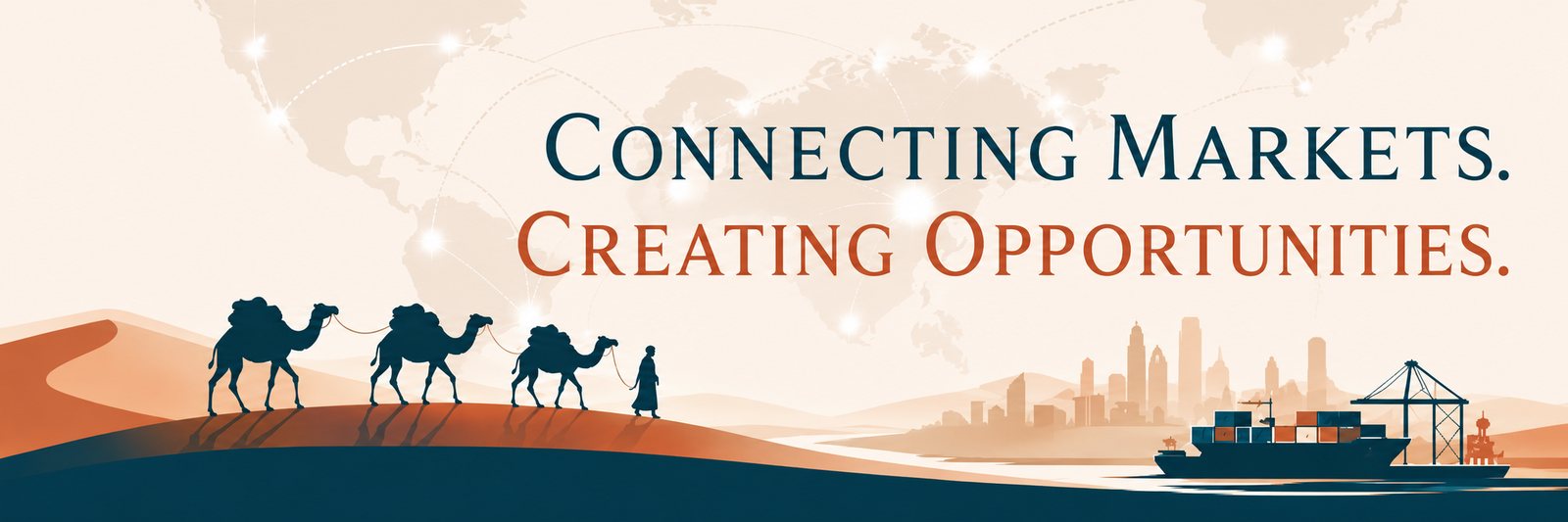 SEDA CONEX — Connecting markets, creating opportunities. Ilustración de una caravana y un puerto comercial.